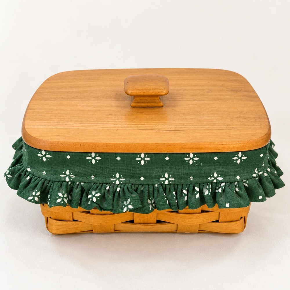 Longaberger Cottagecore Woven Basket Green Floral Liner Wood Lid Farmhouse Decor